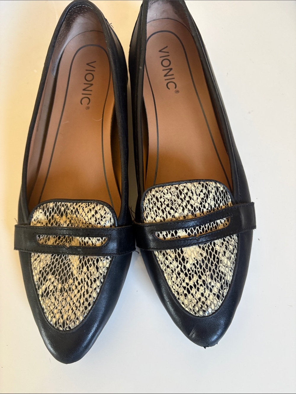 Vionic Black Flats with Cream Snake-Print Panel